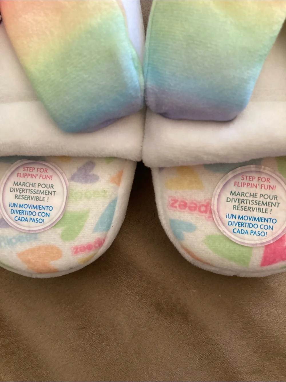 NWT! Flipeez Bunny Rainbow Plush Flip Slippers - Pastel Multicolor